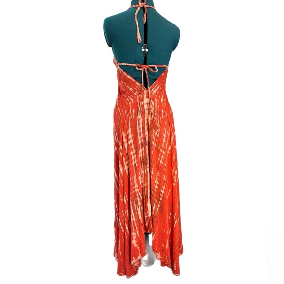 Orange tie dye high low maxi dress for festival with adjustable halter straps - Picture 3 of 7
